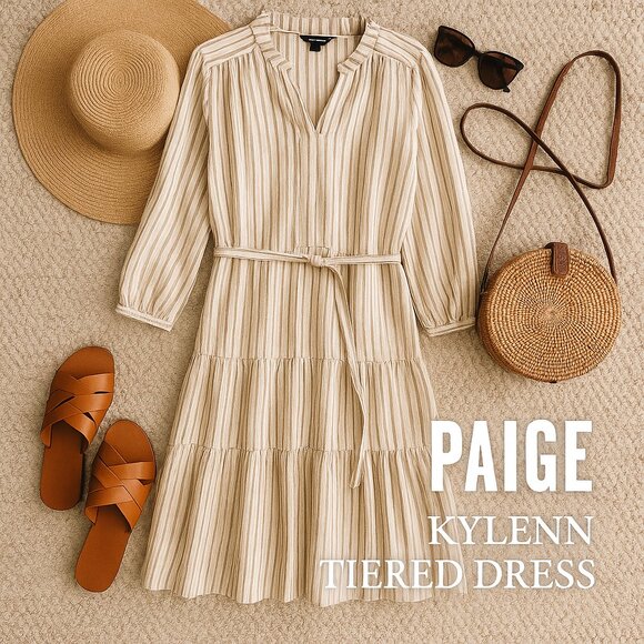 PAIGE Kylenn Tiered Boho Babydoll Dress Cream Stripe Resort Vacation M - Picture 15 of 15